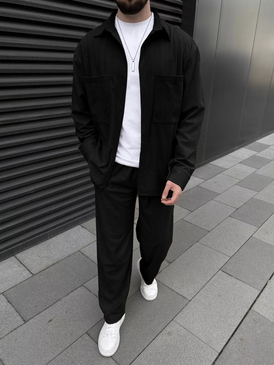 Street Fashion Male - Men's Corduroy Two-Piece Outfit: Long-Sleeved Button-Down